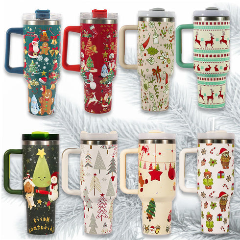 New Christmas Pattern Mug With Handle Lid Straw Drinkware Stainless Steel Vacuum c Large Capacity Car Travel Coffee Cup